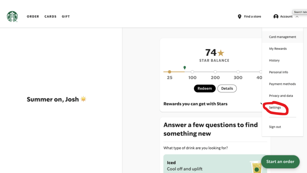 starbucks website settings section