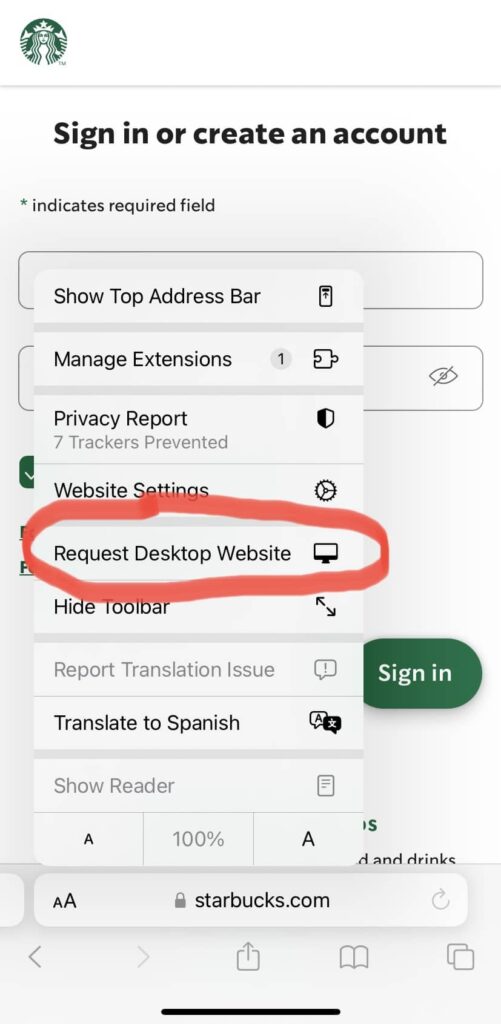 request desktop website on starbucks mobile app