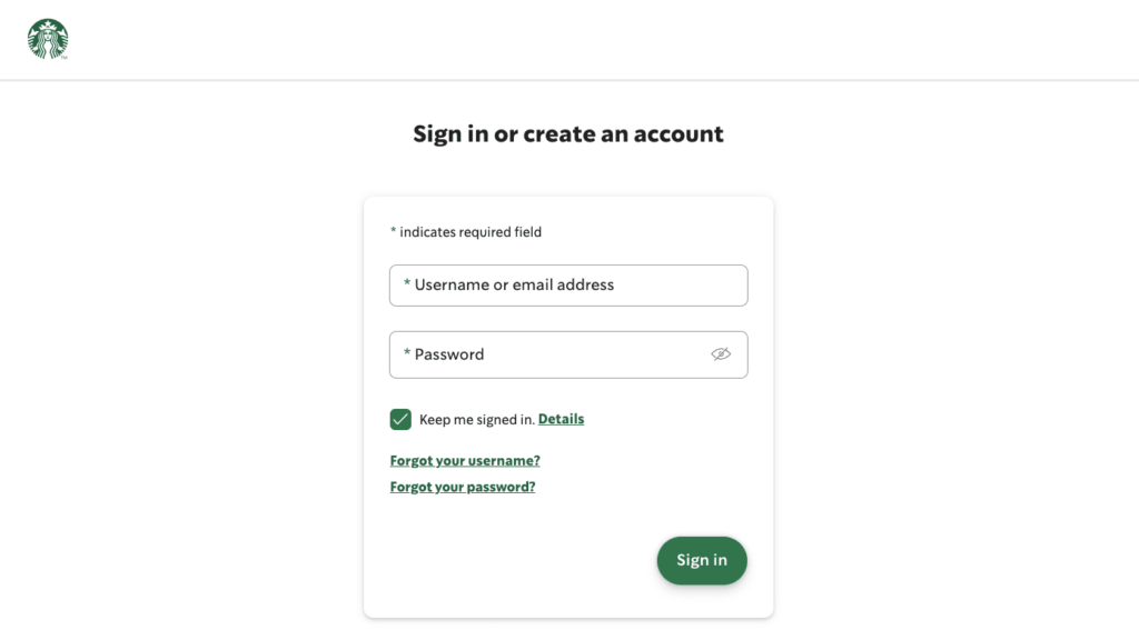 starbucks log in screen