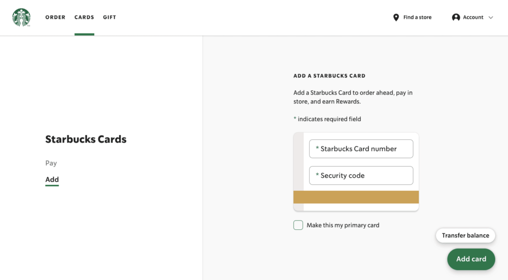add a gift card section of starbucks app